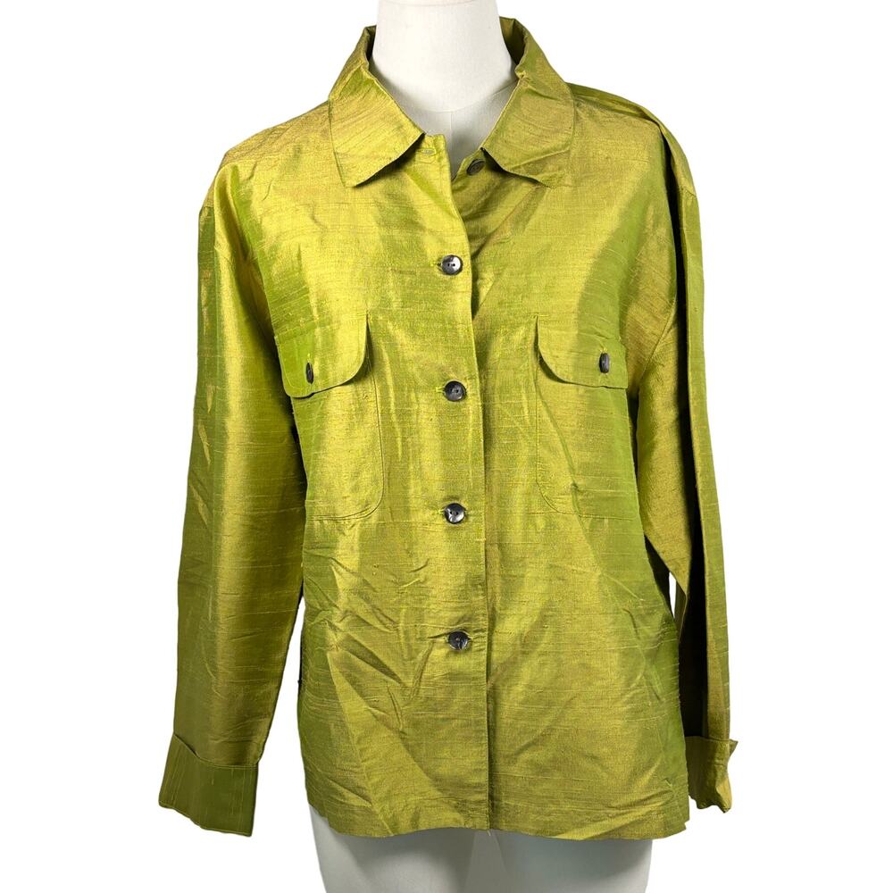 Vintage Chico’s Design Vibrant Lime Green Silk Shirt Chico Size 3 (Reg Size 16)